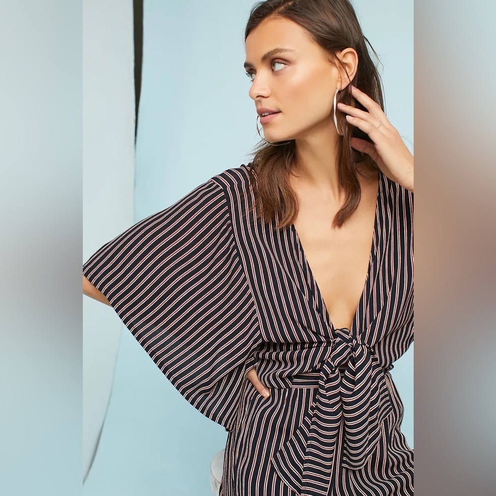 FAITHFULL Tie-Front Wide-Leg Tilos Jumpsuit in Navy Cream and Red stripes 4